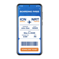 Realistic illustration of digital airplane ticket boarding pass electronic with passenger name and destination. Concept of travel, journey or business trip.