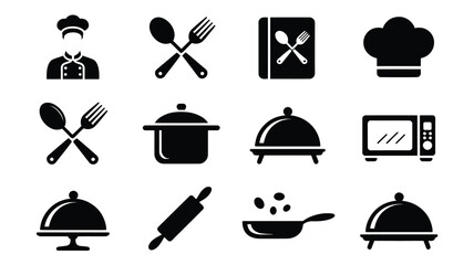 Set of cooking and kitchen icons simple black glyph vector design perfect for culinary websites and restaurant menus