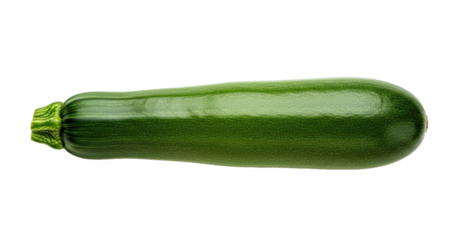 Whole zucchini with smooth glossy green skin and light striations—horizontally oriented with ridged stem, ideal for culinary or botanical reference