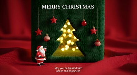 Festive christmas card with santa claus and glowing christmas tree