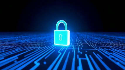 Glowing digital padlock on a circuit surface showing advanced cybersecurity protection in a blue high-tech encryption environment - Powered by Adobe