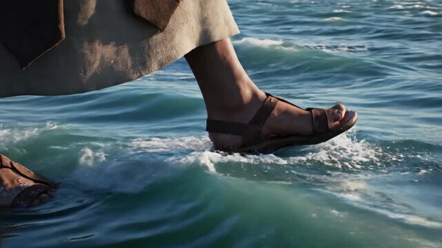 Close up view of feet wearing sandals walking on water surface depicting biblical miracle of Jesus Christ faith and divine power over nature elements in religious concept