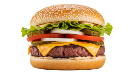 Cheeseburger with sesame bun, lettuce, tomato, onion, pickles, cheddar, beef patty, and sauce—layered, vibrant, and ideal for culinary or advertising reference