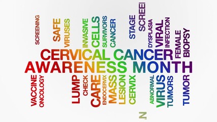 Cervical cancer awareness month concept Animated Tag Word Cloud kinetic typography, Text Design Animation typography seamless loop video motion graphics Intro, Word Art Looping rainbow type on white 