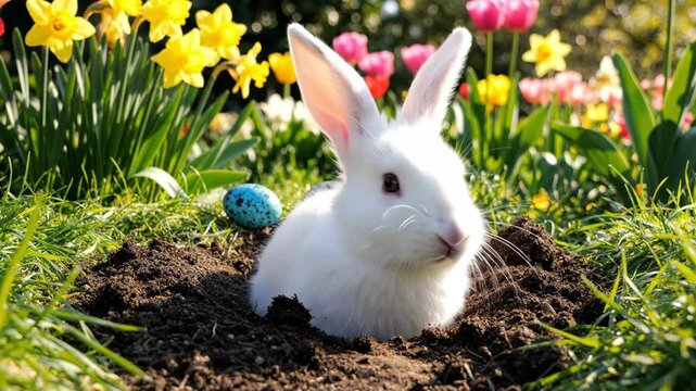 Cute white rabbit emerging from hole in ground surrounded by colorful spring daffodils and tulips with blue easter egg nearby symbolizing nature rebirth and holiday celebration season tradition