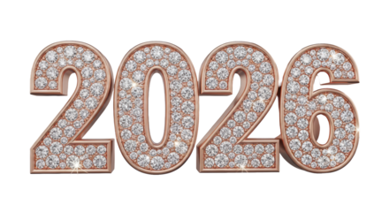Sparkling 2026 numbers in rose gold, encrusted with shimmering diamonds on a white background, symbolizing a prosperous new year