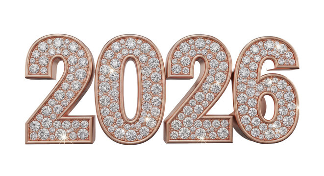 Sparkling 2026 numbers in rose gold, encrusted with shimmering diamonds on a white background, symbolizing a prosperous new year - Powered by Adobe