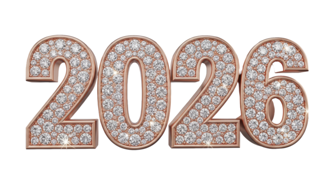 Sparkling 2026 numbers in rose gold, encrusted with shimmering diamonds on a white background, symbolizing a prosperous new year