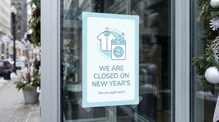 Laundry business closed for New Years holiday dry cleaning, laundry, dry cleaning, closed sign, new years, holiday, business, store, shop, window, glass, notice, announcement, temporary closure, vacat