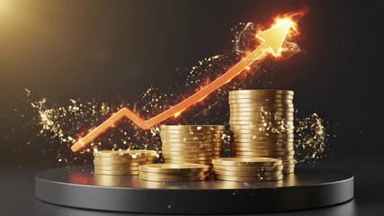 Dynamic golden arrow boosting stacked coins showing vibrant financial growth success