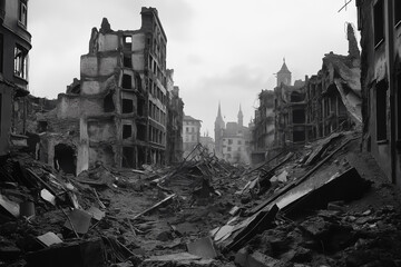 Desolate City Street in War Ruins with Smoke and Destroyed Buildings