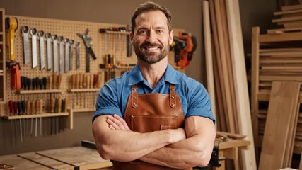 Confident male carpenter wearing brown leather apron standing with crossed arms in woodworking workshop with many tools background symbolizing expert craftsmanship and professional manual trade work s