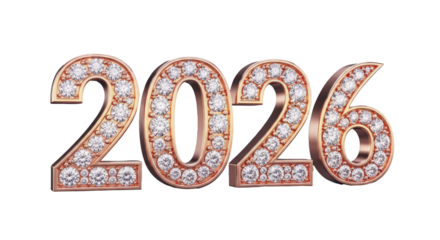 Luxurious 2026 New Year text with sparkling diamonds and rose gold finish, an elegant design for celebrations and festive events isolated on a white background