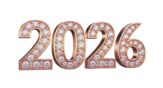 Luxurious 2026 New Year text with sparkling diamonds and rose gold finish, an elegant design for celebrations and festive events isolated on a white background