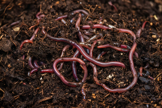 Macro Photography of Red Worms in Dark Fertile Soil - Vermiculture Concept for Organic Fertilizer and Waste Decomposition