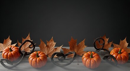 Autumnal arrangement featuring pumpkins, leaves, and decorative metal swirls on a wooden surface.