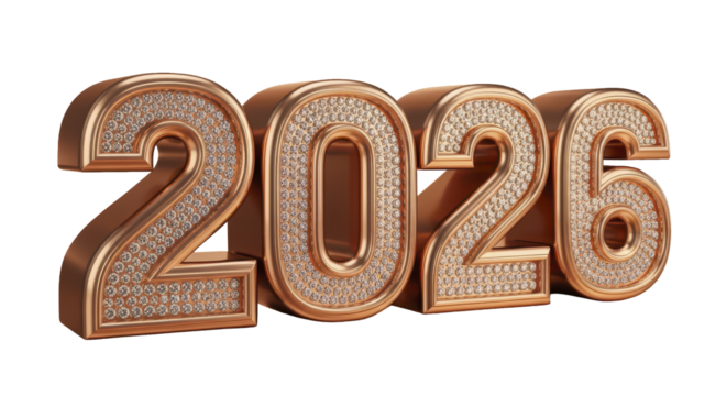 Luxurious 3D render of the year 2026 in rose gold with sparkling diamond inlay, isolated on a white background for a New Year celebration
