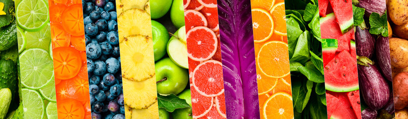 Healthy food background. Collection with color fruits, berries and vegetables