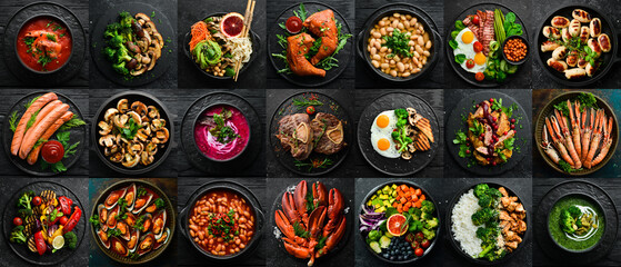 Photo collage. Popular dishes of European cuisine. Food background.