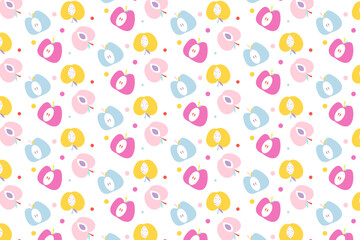 Seamless pattern with cute, colorful cartoon apples in pink, blue, and yellow on a white background. Perfect for children's designs, fabric, or packaging.