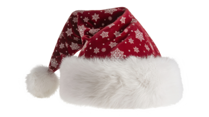 Festive red santa claus hat with white snowflake pattern and fluffy white trim isolated on transparent background