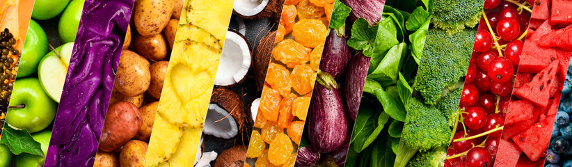 Vegetables and fruits collage banner. Textured macro photos of fresh organic fruits and vegetables. Bright colors for website or store page.