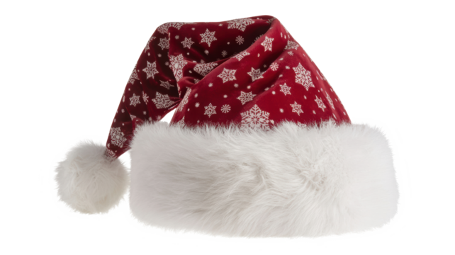 Festive red santa claus hat with white snowflake pattern and fluffy white trim isolated on transparent background