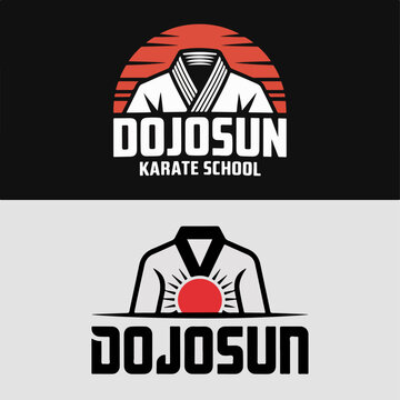 Dojosun karate school emblem with gi and rising sun, twin brand marks, martial arts academy logo set, clean vector for dojo signage, uniforms and merchandise