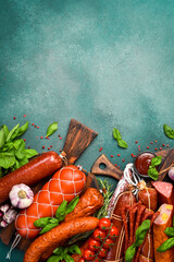 Set of various sausages, salami and smoked meats. Top view.