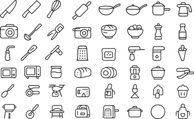 Collection of kitchen utensil and appliance icons in simple outline style Vector