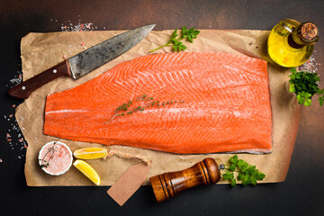 Fresh raw salmon or trout sea fish fillet. Top view.
