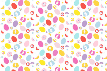 Seamless pattern with a playful mix of colorful Easter eggs, bunnies, and flowers on a white background. Ideal for festive spring designs, textiles, or party decor.