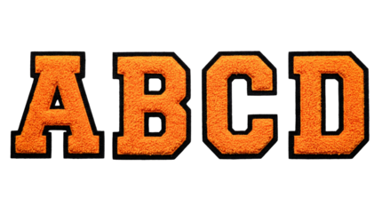 Chenille varsity letter patches set A B C D orange and black isolated on transparent background png college style embroidery texture alphabet collection textile badge typography design element cut out