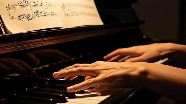 Piano player hands with musical note sheets for the concept of music performance.