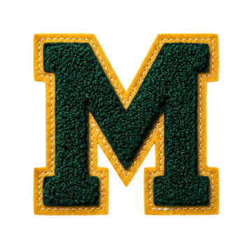 Chenille varsity letter patch M green and gold isolated on transparent background png college style embroidery texture fuzzy font alphabet textile badge typography design element cut out