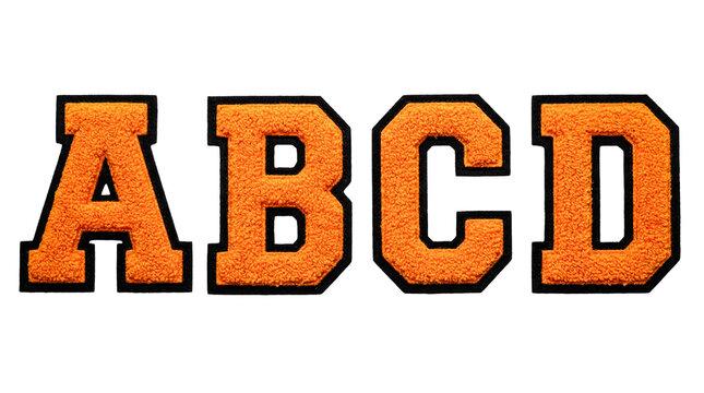 Chenille varsity letter patches set A B C D orange and black isolated on transparent background png college style embroidery texture alphabet collection textile badge typography design element cut out