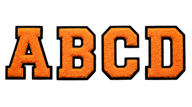 Chenille varsity letter patches set A B C D orange and black isolated on transparent background png college style embroidery texture alphabet collection textile badge typography design element cut out - Powered by Adobe
