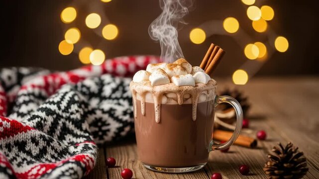 Steaming mug of hot chocolate with marshmallows and cinnamon sticks on a wooden table, festive lights in the background