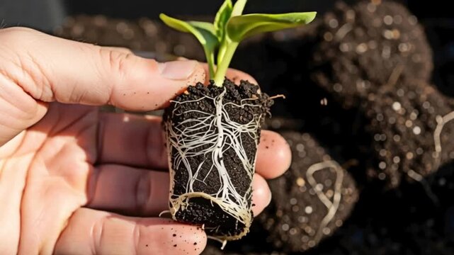 Hand holding a young plant showing its roots for the concept of new life.
