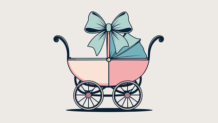 Cute baby carriage with a bow and blanket on a simple background