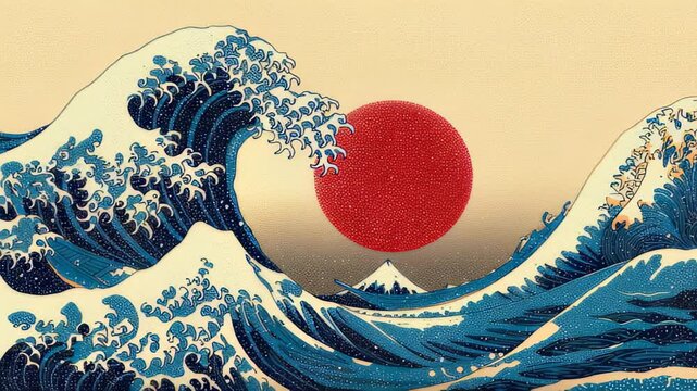 a red sun symbolizing the flag of Japan in the background and giant waves with Mount Fuji