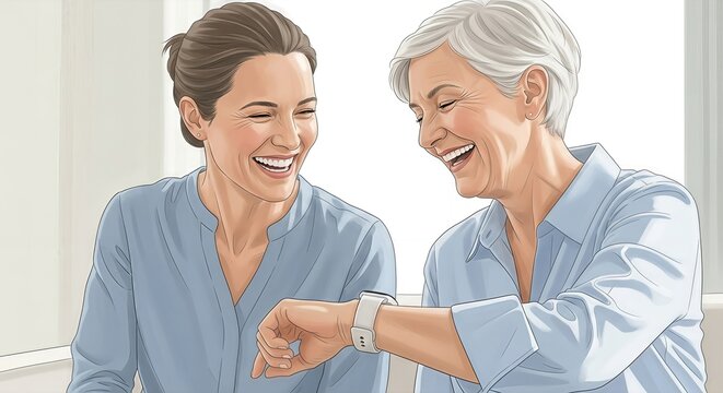 Two women joyfully share a moment while looking at a smartwatch with bright smiles