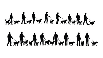 People and dogs walking silhouettes isolated on white background, Vector