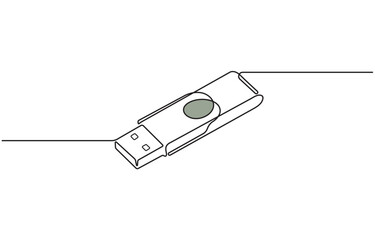 Continuous one line drawing of modern USB flash drives vector illustration, isolated on transparent background.