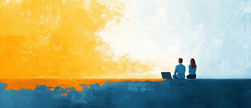 Two people enjoying the sunset by the water with a laptop — the perfect atmospheric backdrop for presentations on work-life balance.