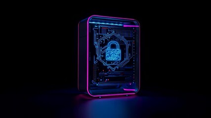Glowing digital padlock displayed inside a neon framed device with blue circuitry creating a secure high tech cyber protection concept in dark space