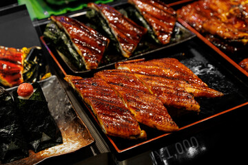 Glazed Grilled Unagi Eel Fillets on Display