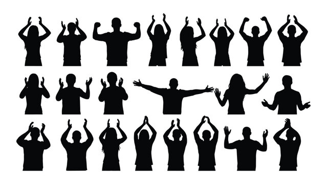 People silhouettes cheering and clapping isolated on white background, Vector