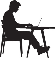 Silhouette of a person working on a laptop at a desk