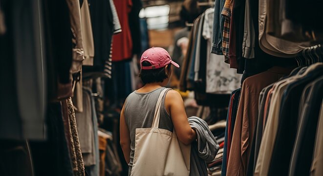 Woman browsing an extensive selection of clothing at a secondhand market stall